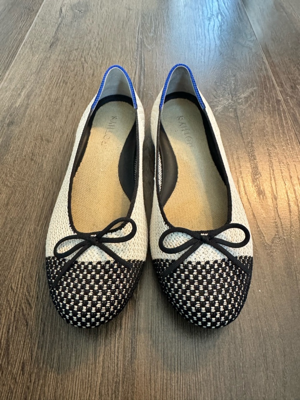 Rothy's Black & Cream Woven Ballet Flats with Bow Trim